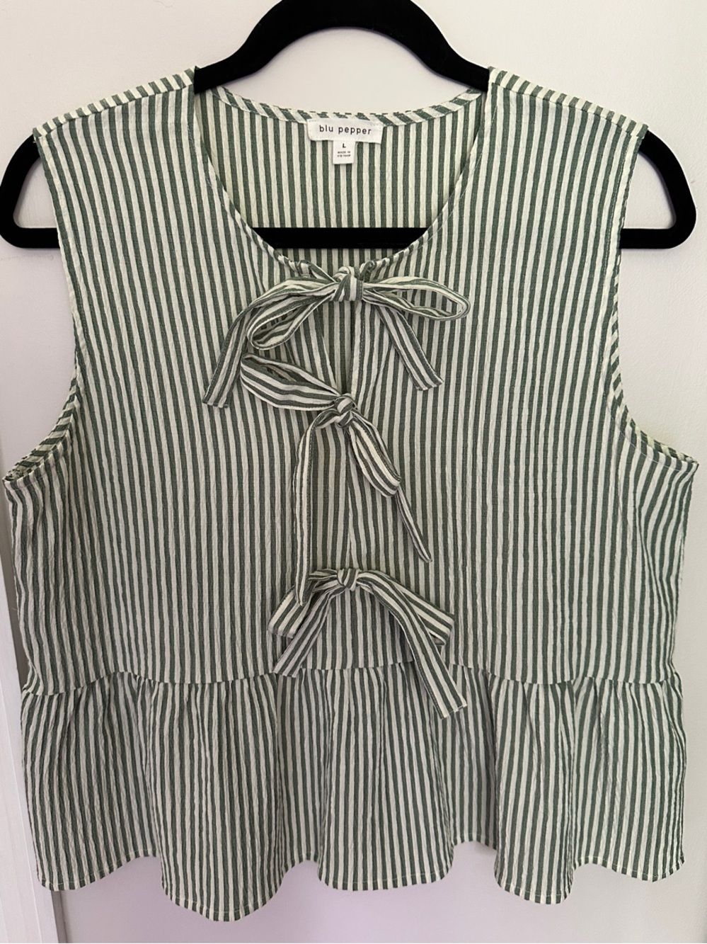 Blu Pepper Green and White Striped Tie-Front Peplum Camisole